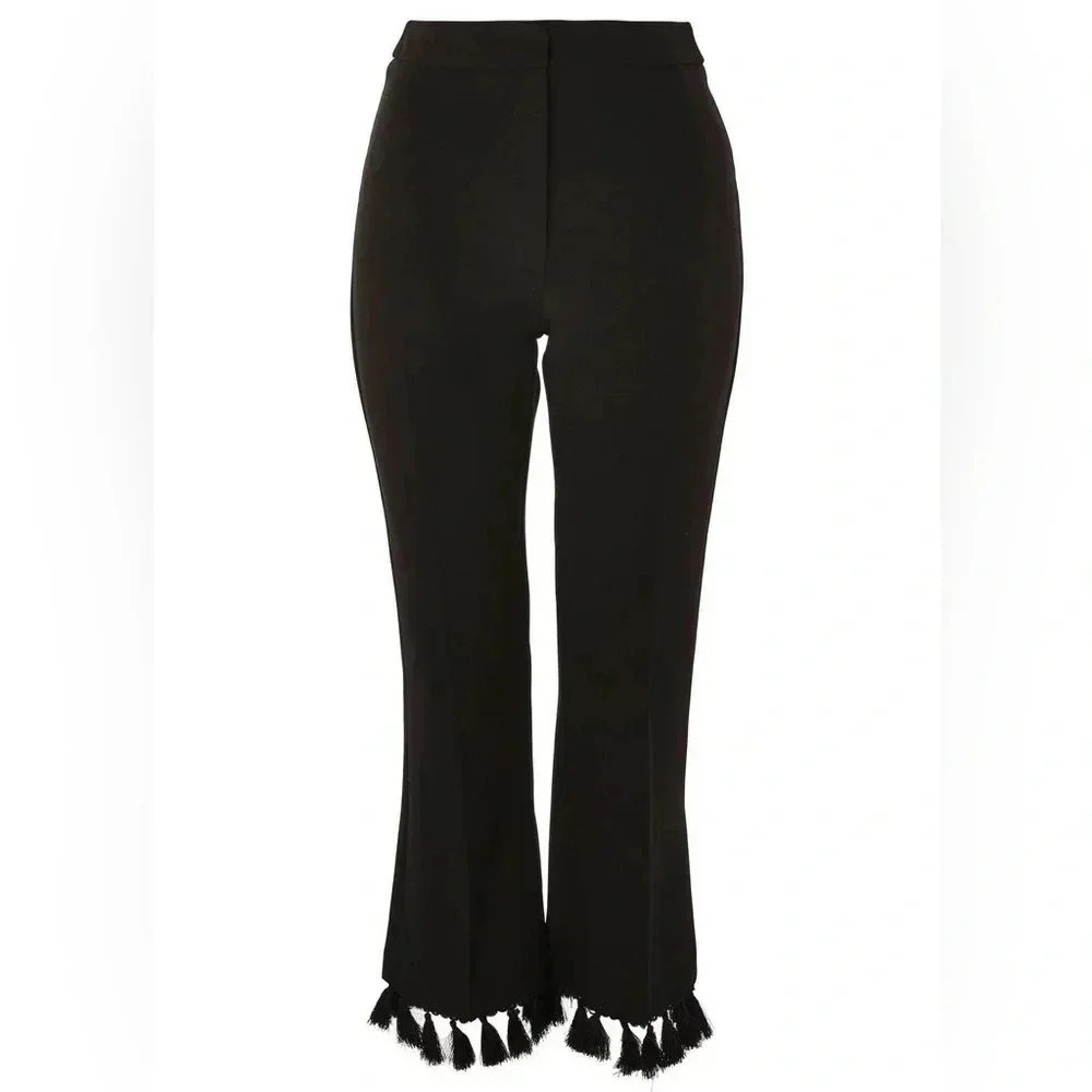 Topshop Black Kick Flare Trousers Cropped Pants Tassel Hem Size 4